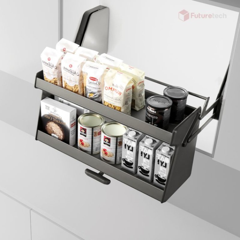 ชุดชั้นวางบานดึงลง 2 ชั้น อลูมิเนียม สีเทา พร้อมระบบ Soft Close