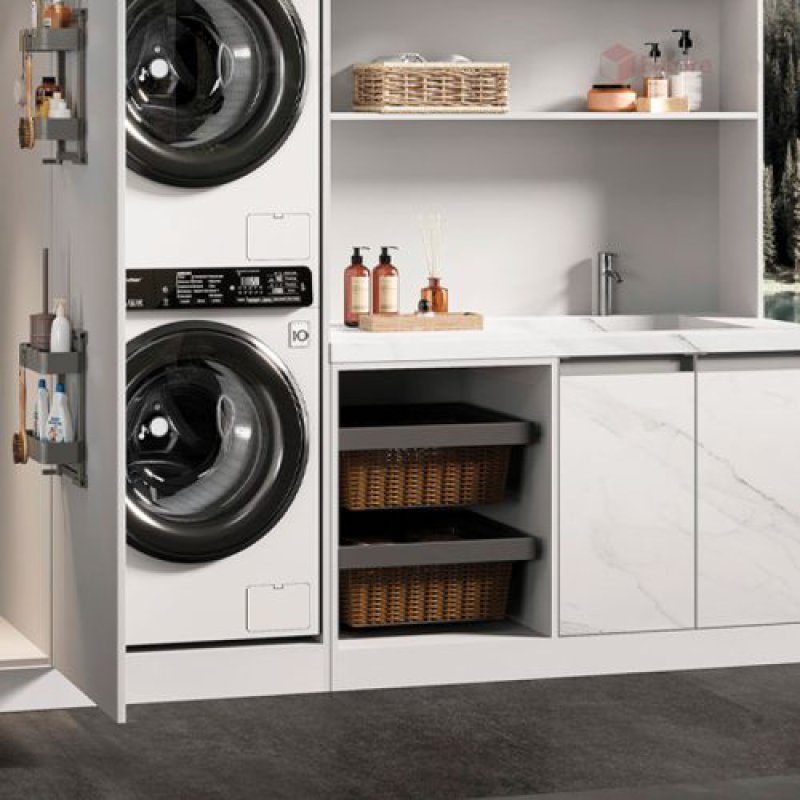 ตะกร้าใส่ผ้าลายหวาย พร้อมราง Soft Close สีเทา