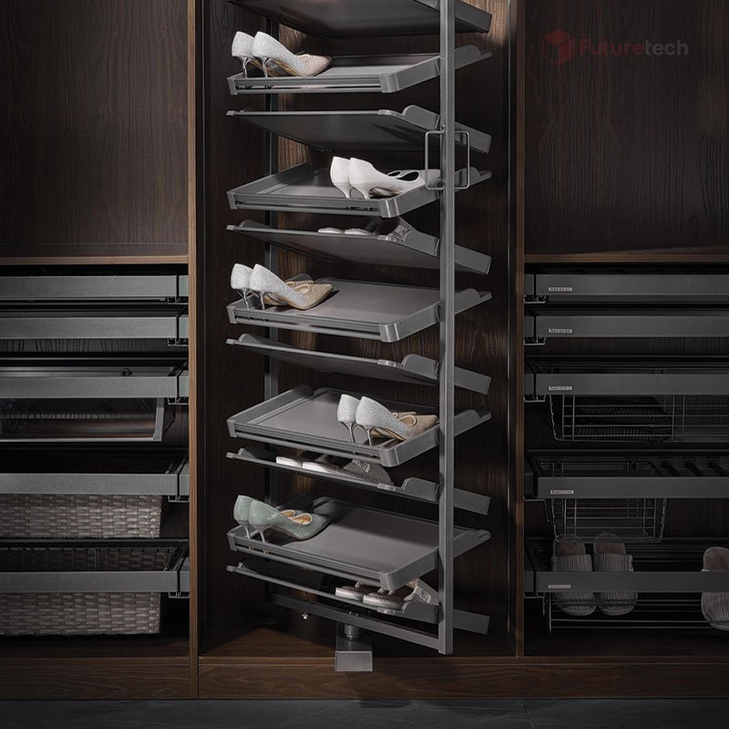 ชั้นวางรองเท้าแบบดึงออก หมุน 360 องศา 4 ชั้น สีเทา