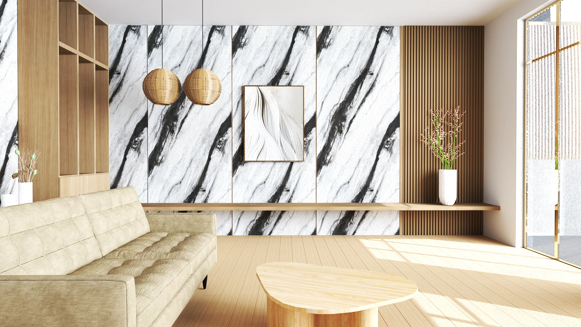 ผนังหินเทียม รุ่น ClickLock (Flat – Seamless) Marble Panda White (Matt)