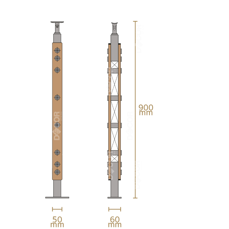 ชุดราวกันตกสแตนเลสประกอบไม้ แบบเสา W03 + เส้นกันตกสแตนเลส